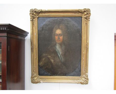 English School 18th Century after Kneller; Portrait study of a young nobleman with long hair, open neck shirt and brown gown.