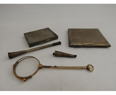 A silver cigarette case, silver cheroot holders, unmarked compact and a pair of pinz-nez (5) 124g