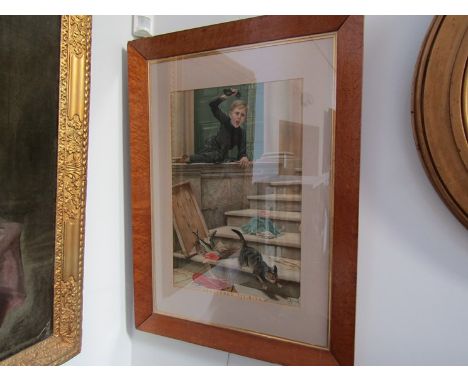 "Scattered Tit-bits"; a colour Pears print, torn, in birds eye maple frame, 63cm x 42cm