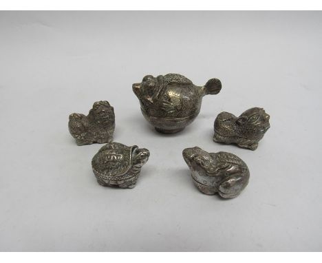 Cambodian white metal miniature animal form trinket pots including frog and a puffer fish form (5) 