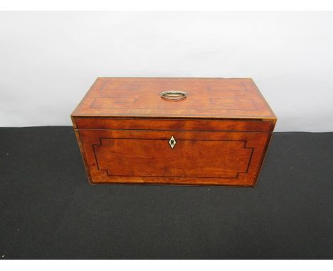 A Georgian walnut tea caddy with ebony line inlay, fitted twin compartment interior with mixing bowl, 15cm x 31cm x 15cm
