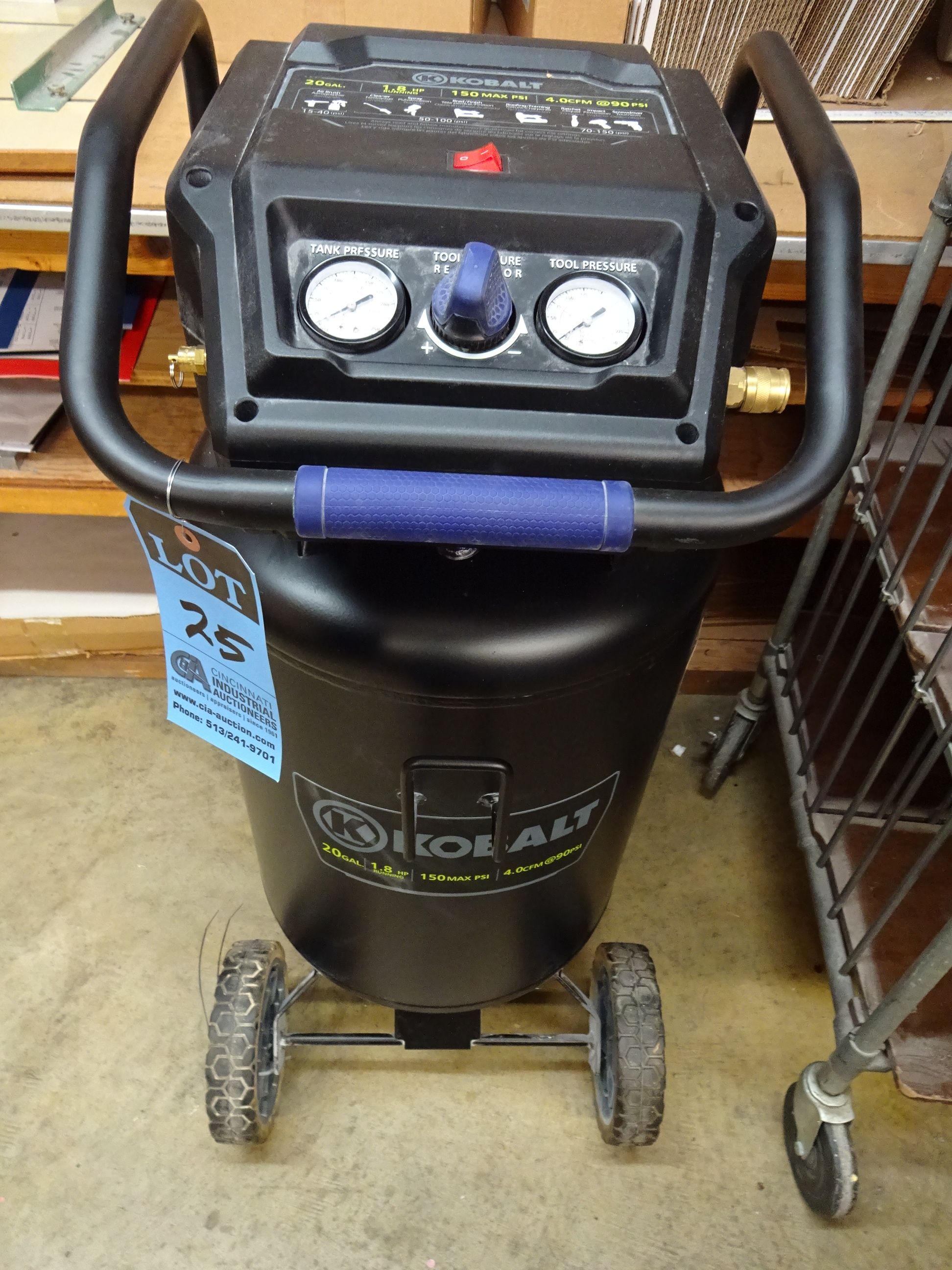 20 GALLON, 1.8 HP, 150 PSI MAX, 4.0 CFM KOBALT VERTICAL TANK MOUNTED