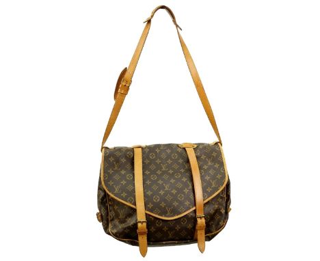 Louis Vuitton Brown Canvas Monogram Saumur Double Straps Bag. Golden brass hardware, brown interior with patch pocket, vachet