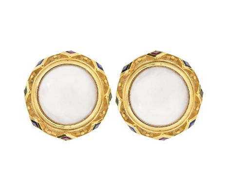 Mabe Pearl, Multi Gemstone and 14 Karat Yellow Gold Earrings. Pearls measure 15mm diam. Stamped 14K. Measure 7/8" diam. Appro