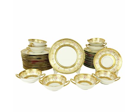 Thirty Eight (38) Piece Limoges Porcelain Hand painted and Gold Encrusted Luncheon Set. Includes 14 plates 8-5/8", 10 handled