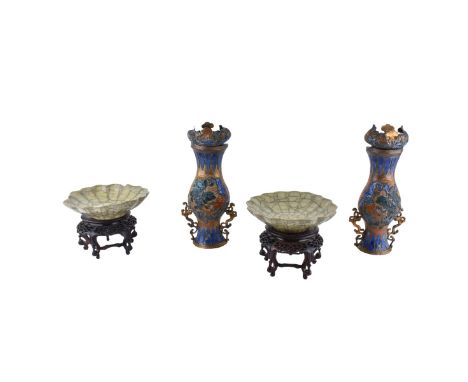 Lot of Chinese Items: Celadon Porcelain Bowls on Stands and Polychrome Enamel Wall Brackets. Bowls measures 1-1/2" H x 6" W, 