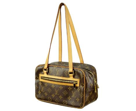 Louis Vuitton Brown Canvas Monogram Cite MM Bag. Golden brass hardware, brown interior with patch pockets, vachetta handles. 