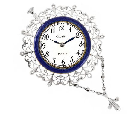 Cartier, Paris Fine Art Deco Platinum, Diamond and Enamel Lady's Pendant Watch. Signed. Measures 2-1/2" L, 1-5/8" W. Approx. 