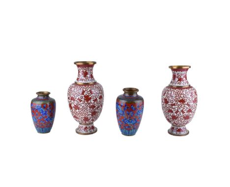 Two (2) Pairs of Chinese Cloisonne Enamel Vases. Larger pair measures 10-3/4" H x 5" W, smaller measures 6-1/2" H x 3-1/2" W.