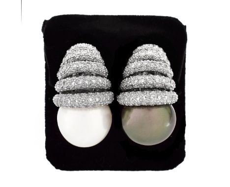 15.5mm South Sea White and Tahitian Black Pearl, Approx. 5.0 Carat Pave Set Round Brilliant Cut Diamond and 18 Karat White Go