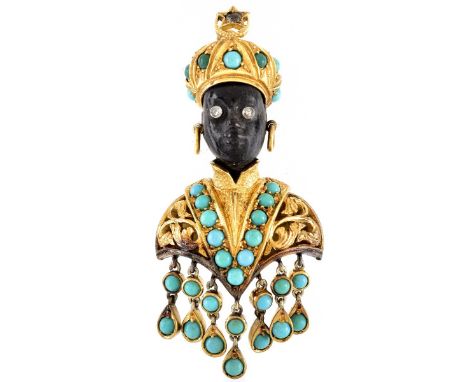 Vintage Italian Nardi 18 Karat Yellow Gold, Carved Ebony, Turquoise Bead and Diamond Pendant. Signed, stamped 750. Measures 2