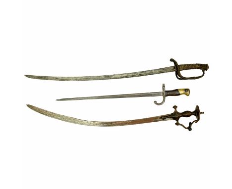 Grouping of Three (3) Antique Military Swords. Includes two Indian swords (one with scabbard) and a bayonet. Longest measures