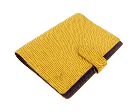 Louis Vuitton Yellow Epi Leather Agenda Cover PM. Golden brass hardware, purple interior with slots. Labeled appropriately. S