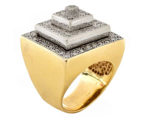 Vintage Pave Set Diamond and 14 Karat Yellow and White Gold Ring. Unsigned. Ring size 8. Approx. weight: 27.6 grams. Conditio