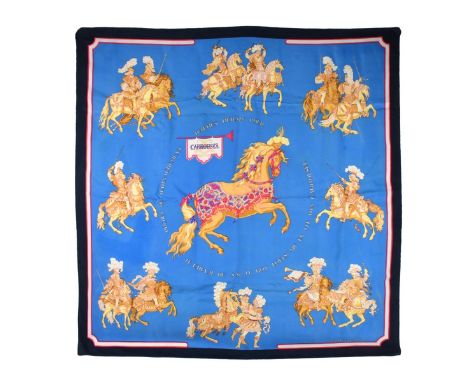 Vintage Hermès Carrousel Silk Scarf in Original Box. Measures 35-1/4" H x 35-1/4" W. Condition: Light spotting, minor fading 