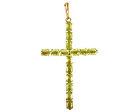 Vintage Tiffany Oval Cut Peridot and 18 Karat Yellow Gold Cross Pendant. Signed, stamped 18K. Measures 3" H, 1-5/8" W. Approx
