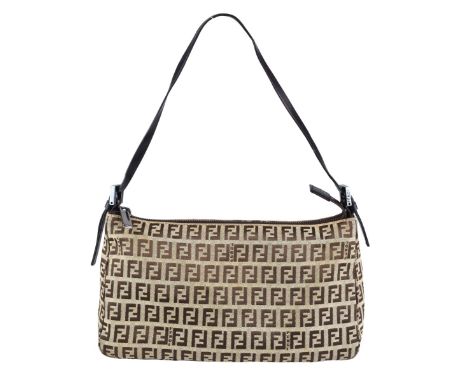 Vintage Fendi Beige and Brown Canvas Bag with Associated Silk Dust Bag. Single pocket interior with tag attached. Measures 5-