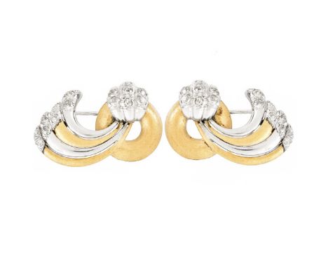 Retro Approx. 1.80 Carat Pave Set Round Brilliant Cut Diamond and 14 Karat Yellow and White Gold Clip Brooches. Diamonds F-G 