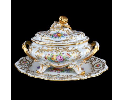 Vintage Limoges Hand painted Porcelain Covered Tureen With Under Plate. Decorated with colorful floral and gilt motif. Signed