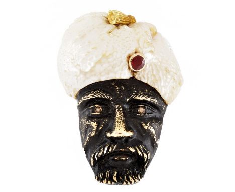 GIA Certified Natural Baroque Pearl and14 Karat Yellow Gold Brooch with Rose Cut Diamond and Ruby Accent, Figural Man with Tu