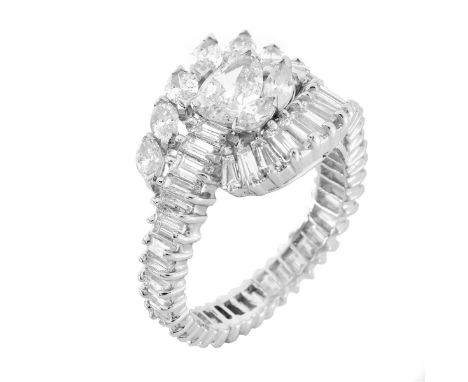 Vintage Approx. 4.75 Carat TW Diamond and Platinum Fancy Cocktail Ring. Diamonds H-J color, VS1-SI2 clarity. Unsigned. Ring s