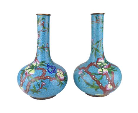 Large Pair of Chinese Cloisonne Enamel Qing Dynasty Style Vases. Measures 15-3/4" H x 9" W. Condition: rubbing to enamel Dome