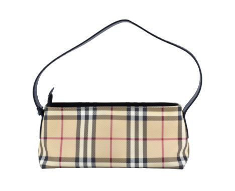 Vintage Burberry Plaid Leather Bag. Tag affixed to strap, single pocket interior with tag. Measures 5" H x 12" W x 4-1/4" D. 