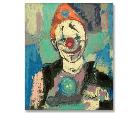 Oil on canvas, Portrait of a Clown, Signed T. Sabat. Measures 24" H x 20" W, frame measures 27" H x 23" W. Condition: Good co