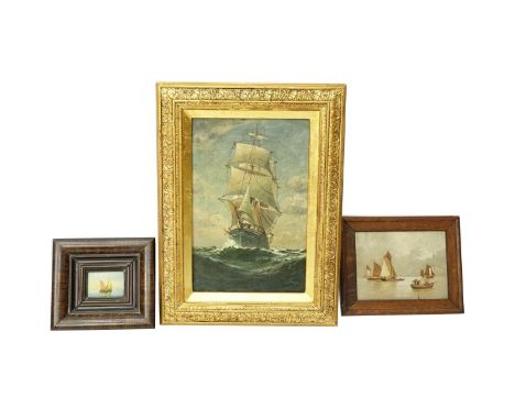 Grouping of Three (3) Vintage Oil Paintings, Sailboat Scenes. Largest measures 19" H x 14-1/8" W, smallest measures 7-1/8" H 