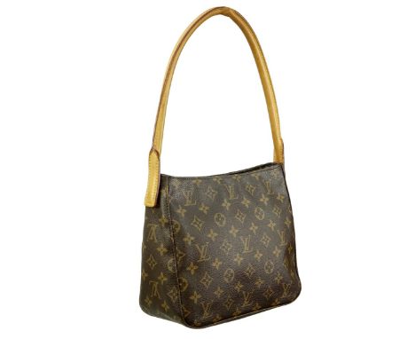 Louis Vuitton Brown Canvas Monogram Looping MM Bag. Golden brass hardware, beige suede interior. Labeled appropriately. Seria