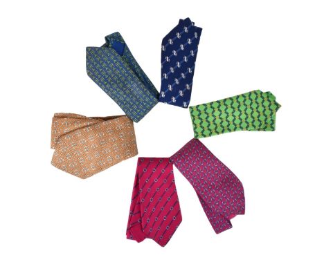 Collection of Six (6) Vintage Mens Hermes Silk Ties in Associated Bag. Measures 53" to 57". Condition: Minor spotting overall