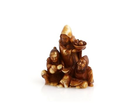 A stained ivory netsuke, carved as The Three Sake Tasters with a double gourd flask and a sakazuki, 20th CenturyProvenance: T