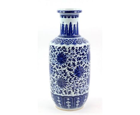 A blue and white rouleau vase decorated on the cylindrical exterior with formal lotus; 45 cm high,  the base with underglaze 