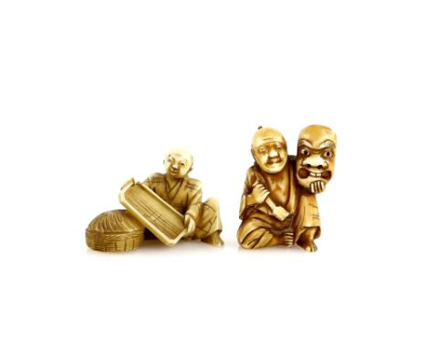An ivory okimono of a tray maker, 4cm wide; together with an ivory netsuke of a mask maker, both 20th Century (2)Provenance: 