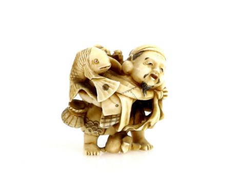 A stained ivory netsuke of Ebisu with a sack of Tai Fish, signed ShigyokuProvenance: The Property of a Lady. From a Private C