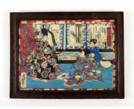 An Utagawa School print of a narrative scene, roughly chuban at 23.5 x 17 cm, framed and glazed; together with a picture of a