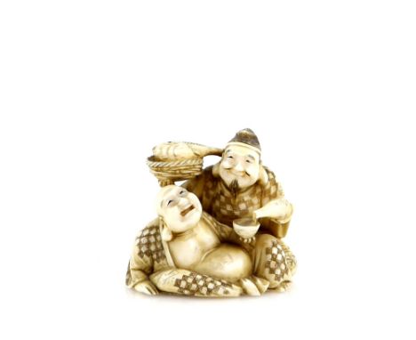 A large netsuke of Ebisu holding a Tai Fish with his right hand and pouring sake for Hotei with his left hand, signed Masamit
