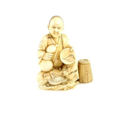 A stained ivory okimono carved as a man with a gourd and dish, seated beside a minogame; presumably an allusion to the Urashi