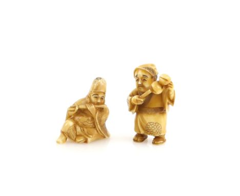 A small ivory okimono of Jurojin or Fukurokuju with a flute; and an ivory netsuke of a pilgrim with a pair of suzu , both 20t