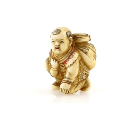 An ivory netsuke of a boy with a sack, signed HoryuProvenance: The Property of a Lady. From a Private Collection acquired by 