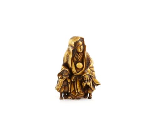 A stained ivory netsuke of the beautiful Tokiwa Gozen taking her children, including the future Minamoto no Yoshitsune, on he