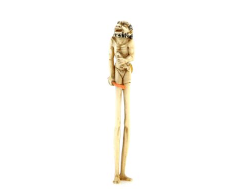 An ivory netsuke or small okimono of Ashinaga, holding a fish in his left hand and a stick of coral in his right; 12 cm high,