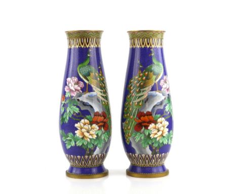 A pair of Chinese cloisonne enamel vases; each one decorated with peacocks on a blue ground, 31.5cm high; post Qing Dynasty (