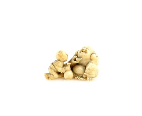 An ivory netsuke of Hotei with a sakazuki beside a karako with a tokkuri or other vessel, two kanji on the base, 19th or 20th