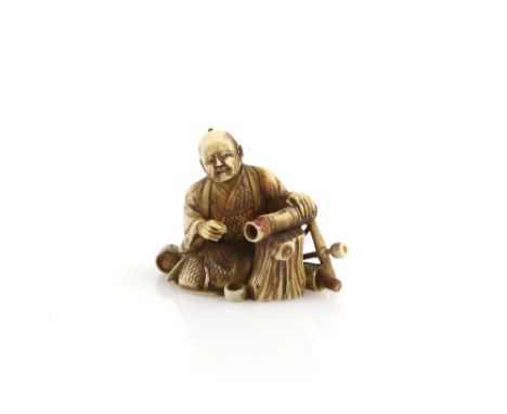 An ivory okimono carved as a seated bamboo worker, 4.5 cm wide, 19th or 20th CenturyProvenance: The Property of a Lady. From 