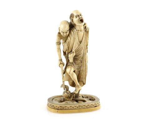 A very fine ivory okimono carved as a pair of Rakkan, rather in the guise of Ashinaga and Tenaga; one Rakkan attempting to pu