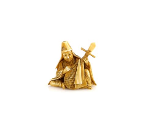A stained ivory okimono carved as a seated Biwa player, un-signed, 20th CenturyProvenance: The Property of a Lady. From a Pri