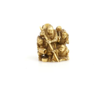 An ivory netsuke carved as a group of five Samurai, or other figures, led by a Samurai holding a yari with both hands, Meiji 