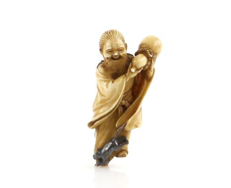 A stained ivory netsuke carved as Chokwaro Sennin holding his gourd with both hands whilst the Magic Mule jumps out, 20th Cen