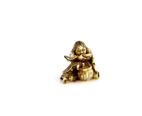 A stained ivory netsuke carved as a drinking Shojo with a massive sakazuki, 19th CenturyProvenance: The Property of a Lady. F